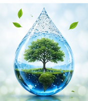A tree growing inside a water droplet, symbolizing sustainability