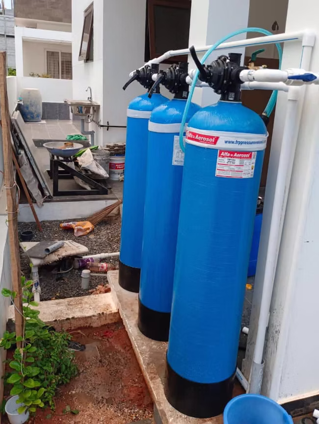 Water treatment system installation in progress at a construction site